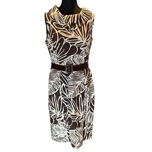 R&K Originals Brown White Tropical Leaf Linen Blend Belted Sheath Dress S 10 VTG